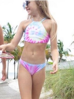 Limeapple Tie-Dye Halter Bikini Set in Pastel Pink & Blue Girls 6 NWT